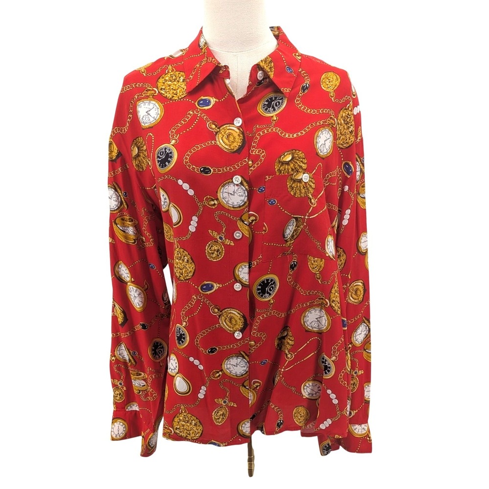 Vintage JH Collectibles Pocket Watch Chain Print Blouse Womens 16 Red Rayon 90s
